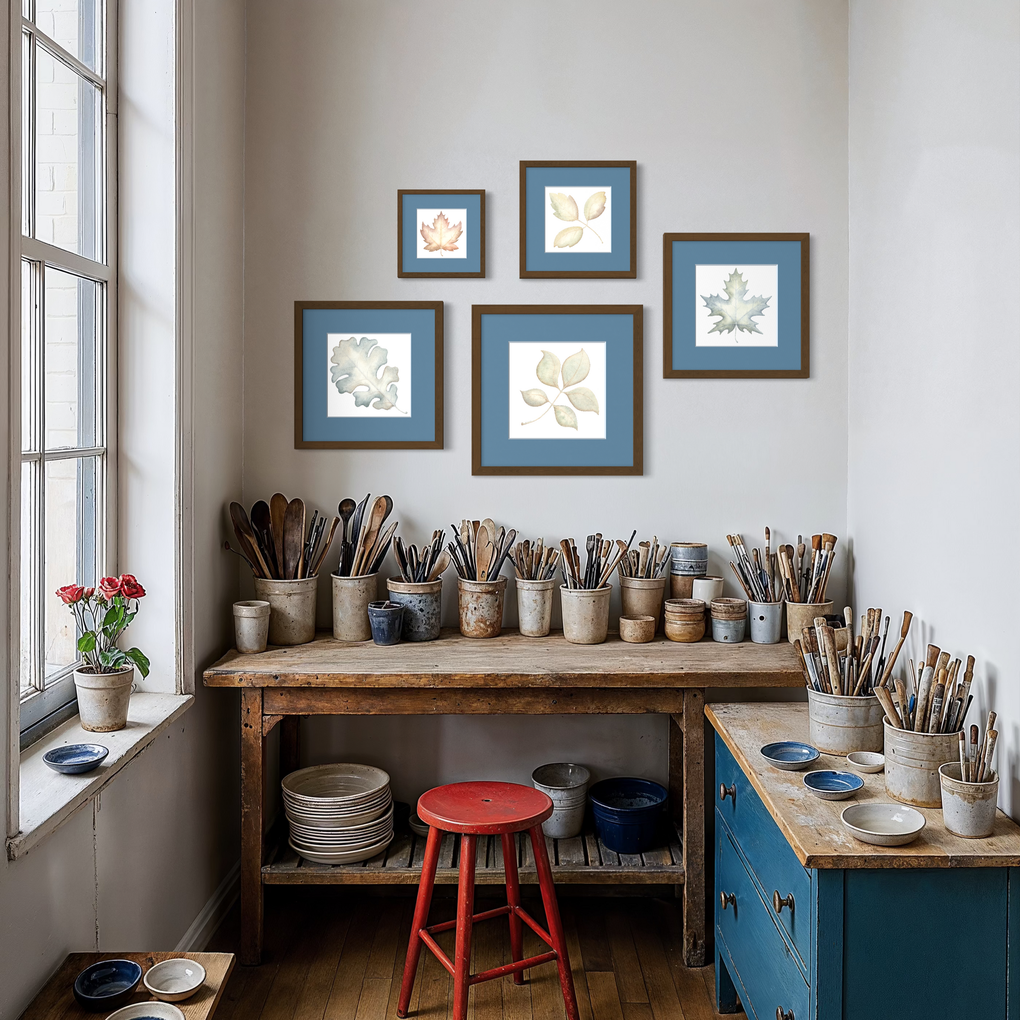 Studio with wooden workbench, pottery, and framed leaf artwork on the wall.